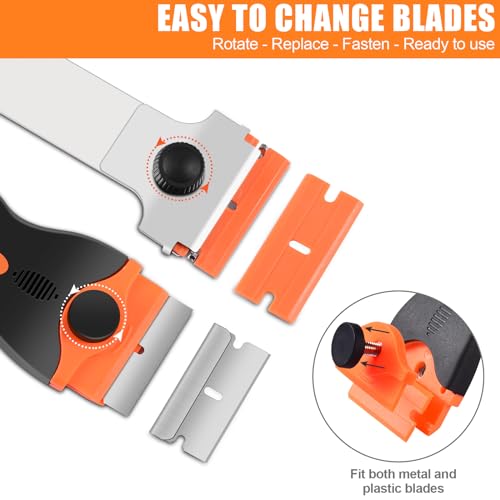 NECAMOCU 4 Pack Razor Blade Scraper, Includes 50 PCS Metal & Plastic Blades - color: Orange