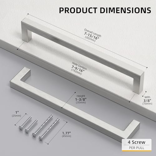 Goldenwarm Brushed Nickel Cabinet Pulls 20 Pack 7-1/2 Inch, Square Drawer Handles, Stainless Steel, Screws Included, Silver Kitchen Hardware for Cupboard Closet Furniture Upgrade - size: 7-1/2In(192MM) Hole Centers