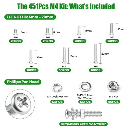 451Pcs M4 Phillips Pan Head Machine Screws Nuts Washers Set,304 SS | With Flat & Spring Washers, For Furniture Repairs & Diy,M4x5/6/8/10/12/16/20mm, Clear Label Storage Box - size: 451Pcs M4*5/6/8/10/12/16/20mm
