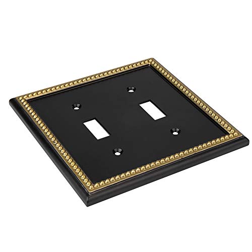 Pearled Frame Decorative Wall Plate Switch Plate Outlet Cover (Double Toggle, Black & Dark Golden) - style: Double Toggle
