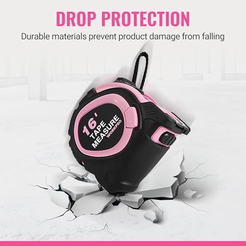 WORKPRO 16-FT Tape Measure with Fractions, 3 Brakes Retractable Measuring Tape, Compact Measurement Tape with Magnetic Hook, Nylon Coating Blade Accuracy 1/32”, Pink - size: 16-FT