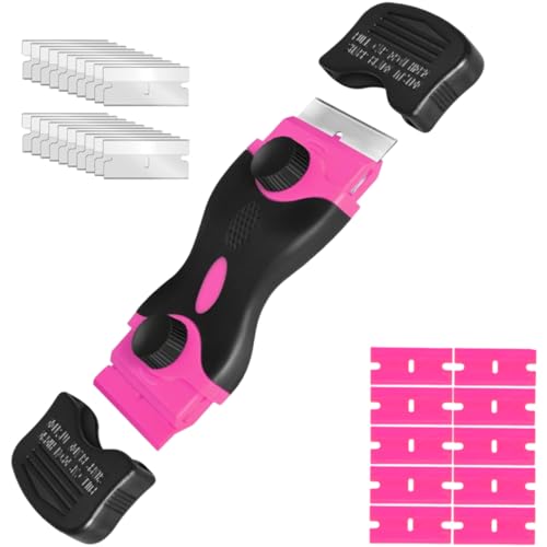 Pink Razor Blade Scraper Tool Set, 20Pcs Razor Blades, Plastic Paint Scraper, Double Edged Razorblade Scraping Tool for Glass, Windows, Stickers, Tint, Decals, Labels, Cooktop, Oven