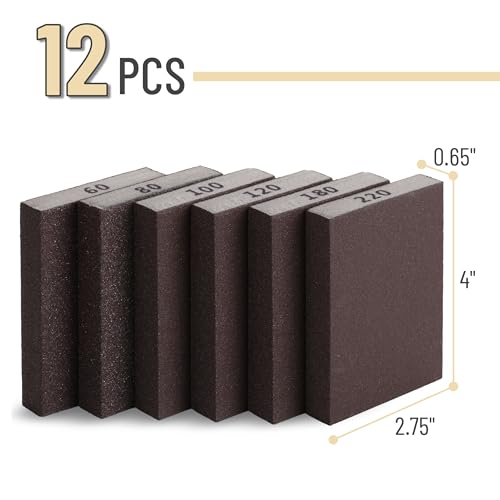 Bates- Sanding Sponge, 12 pcs, 60/80/100/120/180/220 Grit Assortment, Washable and Reusable Sanding Block for Wood, Metal, Drywall, Glazing, Sandpaper Blocks for Smooth Finishing - size: 12 Pack, 60/80/100/120/180/220 Grit
