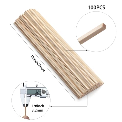 1/8" x 12" Square Wooden Dowel Rods Wood Square Dowels for Crafting, 100PCS Small Unfinished Wood Craft Sticks Hardwood Sticks Wooden Strips for Arts and DIYers, Miniature Buildings, Woodworking - size: 1/8"×12"-100PCS