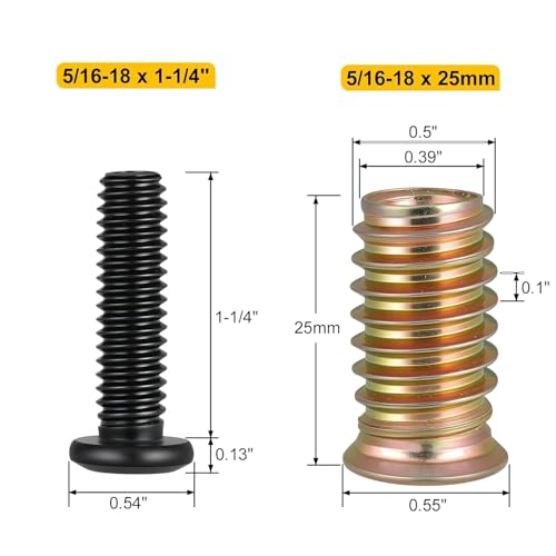 Threaded Wood Inserts for Furniture, 1/4-20 x 25/32" Inserts and Bolts - Hex Socket Drive - 1/4-20 x 19/32" Screw-in Nuts，Set of 28 Screw-in Nuts, Furniture Fasteners (kit)