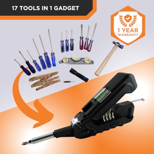 Kelvin Tools - Kelvin 17 Urban Screwdriver Set, All in One Everyday Multitool Screwdriver, Multi-Tip, Compact & Universal Precision, 13 Bit Set with Tape Measure, Liquid Level, Hammer and Flashlight - color: Orange