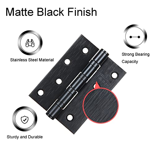 6PCS Matt Black Door Hinges 4 Inch x 3 Inch, Square Interior Hinges, Stainless Steel Hardware Hinge for Interior Door and Exterior Door Use, Hinge Bearing Diameter 1/2 Inch, Thickness 1/10 Inch