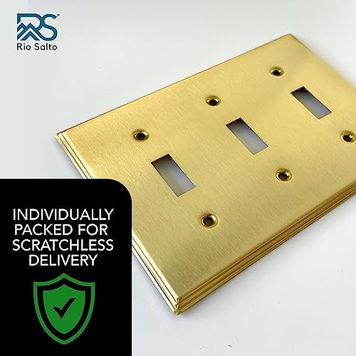 Rio Salto BRASS Gold Decorative 3 Light Switch Cover Triple Toggle Switch Plate Flip Switch Brushed Brass Gold Premium Wall Plate Covers — Deco Collection, Standard 4.50" x 6.33" - color: Toggle Switch 3-Gang (1-Pack)