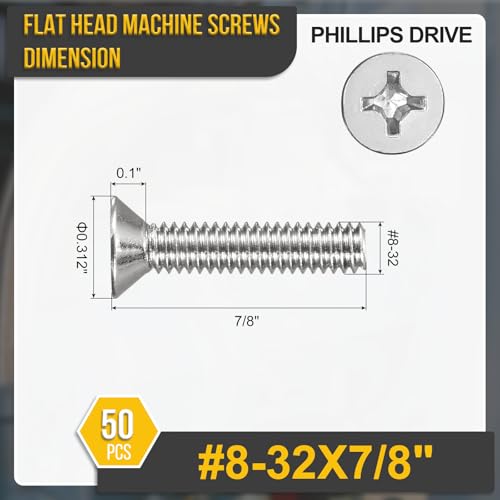 DTGN #8-32x7/8 Phillips Flat Head Machine Screw 304 Silver 50pcs - color: Silver, size: #8-32x7/8"