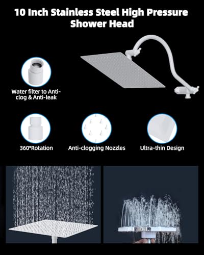 Hibbent All Metal High Pressure Rainfall 10'' Shower Head with Handheld - color: White, style: Square 10''