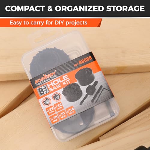 HORUSDY 8PCS Hole Saw Kit, 1"–2-1/8" (25–54mm), with 2 Pcs Drill Bits, Mandrel & Hex Key, Smooth Cut, DIY-Friendly Set for Soft Wood, Plywood, PVC - style: 8-Piece Starter Kit (Up to 2-1/8")