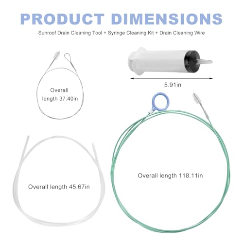 3PCS Auto Sunroof Drain Cleaning Tool, 118 Inch Long Pipe Cleaners Flexible Wire Brush with Syringe Hose, Soft Drain Brush Slim Dredging Tool for Car Sunroof Trunk Wiper Hole