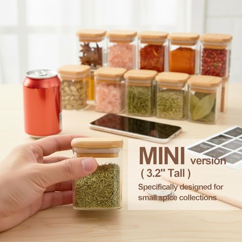 ComSaf Spice Jars 4oz 16 Pack, Seasoning Containers with labels 54 Labels | Small Glass Jars, Bamboo Lid with Silicone Seal, Kitchen Spice Drawer Organizer, Loose Tea,Herbs,Powders,Salt,Chili, BPA Free - size: 4oz*16