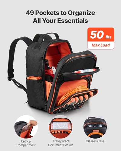 VEVOR Tool Backpack, 49 Pockets, Heavy-duty Tools Storage Organizer Work Bags Backpack with Laptop Compartment & Reinforced Fabric Base, Electrician Jobsite Backpack for Electrician, Repairman - size: 49 Pockets + Non-Rolling