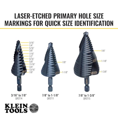 Klein Tools QRSTSPRO Premium 3-Piece Electrician's Step Bit Set with Cutting Oil, Modular Case, Impact Rated Quick Release, Double Spiral Flutes - size: 3-Piece Set (Large), style: Quick Release