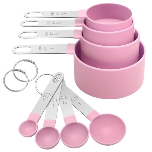 Measuring Cups Set Measuring Spoons Set, Nesting Measure Cups with Stainless Steel Handle, For Measuring Dry and Liquid Ingredients Small Teaspoon with Plastic Head (Pink) - color: Pink