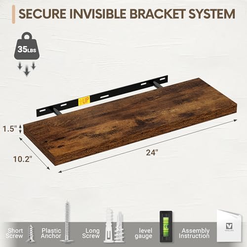 Vivelove 10" Deep Floating Shelves, 24”Wide Set of 2, Rustic Brown - color: Rustic Brown, size: 23.6”wx10.2”dx1.5”h
