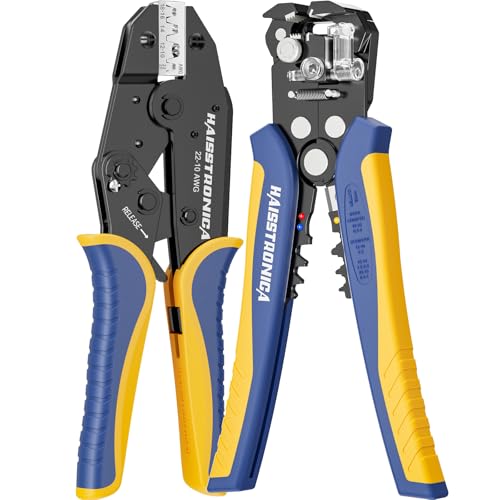 haisstronica Wire Stripper and Crimper Set, AWG 22-10 for Open Barrel | 3 in 1 Wire Stripper for AWG 24-10, Ratchet, Separate Gauge Controls, Adjustable Pressure, Quick Release, Harness Work