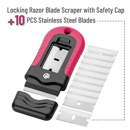 Bates- Razor Blade Scraper, Pink, Locking Razor Scraper Set with 10 Extra Stainless Steel Blades, Window Scraper, Scraper Tool, Glass Scraper, Scraper Blades, Paint Scraper Blade Scraper for Cleaning - color: Pink