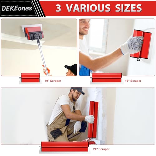 DEKEones Drywall Skimming Blade Set, Stainless Steel 10",16" & 24" Skimming Blades with 28"-62" Extension Handle Pole, Professional Drywall Skimming Tools for Smoothing Wall and Ceiling
