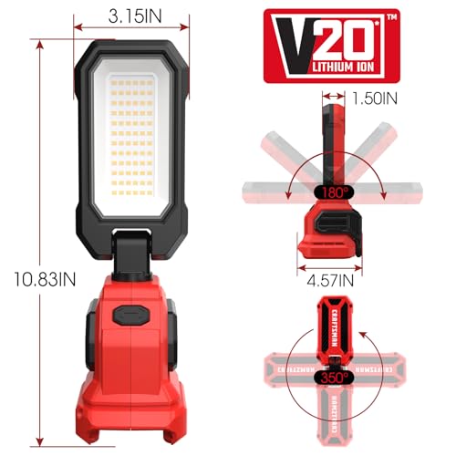 CRAFTSMAN V20 6500K LED Rechargeable Work Light, 2000LM &1000LM 2 Brightness Settings, Hook and Clamp for Multiple Mounting Options, Cordless, Battery Not Included