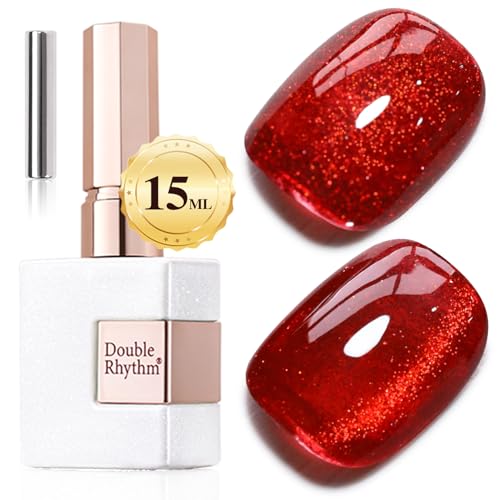 Double Rhythm Jelly Glass Cat Eye Gel Polish with Magnet 15ML Holographic Glitter Shimmer Translucent Sheer Color Magnetic Nail Polish Salon DIY at Home (Blood Red-MC1107) - color: Jelly Blood Red