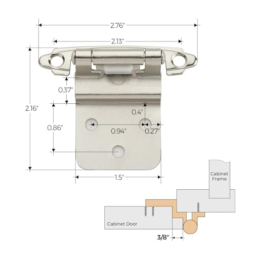 Satin Nickel Cabinet Hinges Self Closing, 3/8 Inch, 20 Pack (10 Pairs) - color: Satin Nickel, size: 3/8 inch Insert
