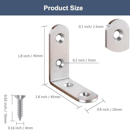 10 Pcs L Bracket Corner Braces 2 Inch Heavy Duty Stainless Steel Corner Brackets for Wood Shelves, 90 Degree Right Angle Joint Support Brackets with Screws - size: 10PCS-Silver 45*45mm/ 1.8in