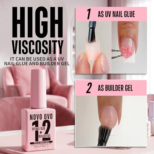 NOVO OVO UV Nail Glue (Also Work as Builder Gel) and Top Coat (with Cat Eye Effect) Kit, Hema TPO Free, Super Strong Adhesive for Press on Acrylic Nails, CatEye Gel Glitter Polish, Magnet Included