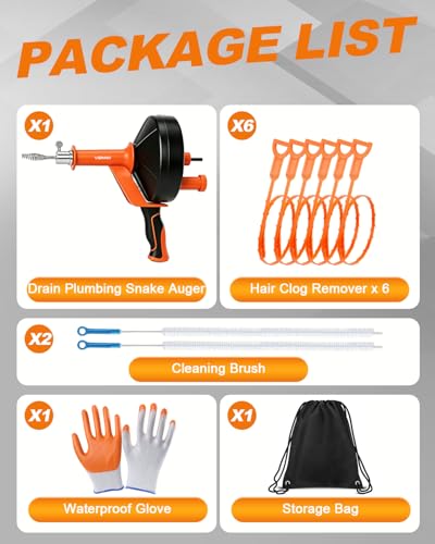 Drain Auger 25Ft, Drain Snake Auger Kit With Drill Adapter, Plumbing Snake Drain Hair Clog Removal Tool Set for Kitchen Bathroom Shower, Storage Bag and Gloves