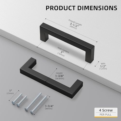 Goldenwarm 5 Pack 3 in Matte Black Cabinet Handles Square Drawer Pulls - color: Matte Black, size: 3 Inch Hole Center