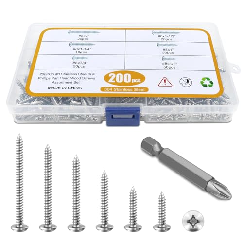 200PCS #8 Wood Screws Assortment Kit, 304 Stainless Steel Screws, Drive Sheet Metal Self Tapping Screws with Screwdriver Bit, 6 Sizes (2”,1-1/2”,1-1/4”,1”,3/4”,1/2”) - style: Silver #8 Pan Head Set 200PCS