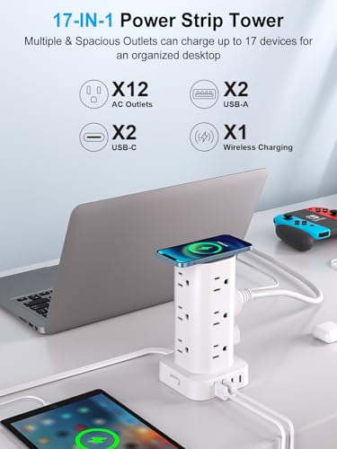 6FT Power Strip Tower with Wireless Charger,Surge Protector with 12 Outlets - color: White, size: 6FT with Wireless Charging