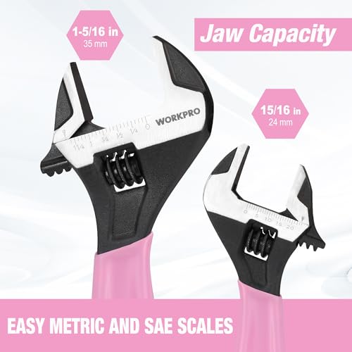 WORKPRO 2 PCS Pink Adjustable Wrench Set, 6-Inch & 10-Inch Wide Jaw Wrenches - color: Pink, size: 6-Inch & 10-Inch