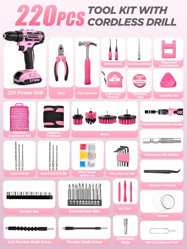 Cordless Drill Set 220 Pcs, 21V Power Drill with Tool Kit, Storage Bag, Electric Drills for Women, Precision Screwdriver set, Magnetic Tool Belt, Hand ToolBox, Drills Brush, Valentine's Day Gifts
