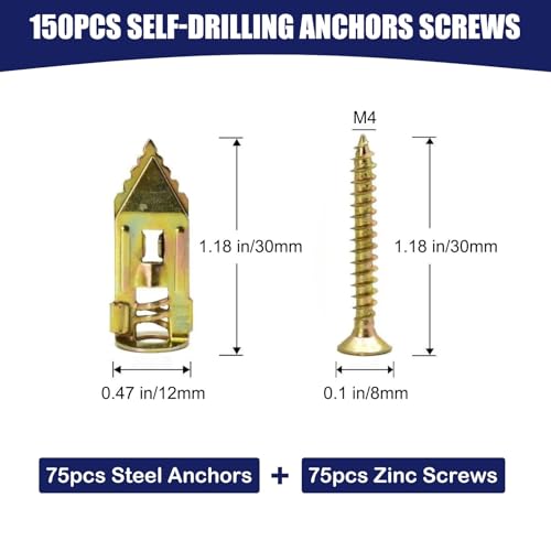 Maozaa 150 pcs Self-Drilling Drywall Anchors with Screws, 0.47x1.18 Inch Zinc Plated Steel Drywall Wall Anchors and Screws Kit Heavy Duty, Easy Application No Drill or Holes in Wall - size: 150PCS 0.47x1.18 inch