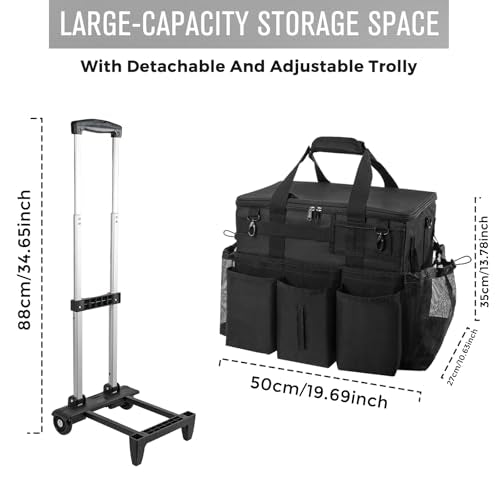 SCAVATA Rolling Cleaning Caddy Bag with Detachable Trolley, Large Cleaning Supplies Organizer with Wheels, Multi Pocket Cleaning Cart with Adjustable Shoulder Strap for Housekeepers & Home Use, Black - color: Black