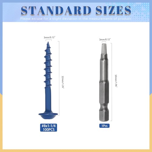 Glarks 100pcs #8 x 1-1/4’’ Pocket Hole Screws with Square Drill Bit Kit, Blue Coated Square Drive Wood Screws, Washer Head Coarse Thread Screw for Woodworking, Furniture - size: 100pcs 8x1-1/4