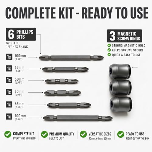Magnetic Screw Holder Set, 3 Rings & 6 Double-Ended PH2 Bits