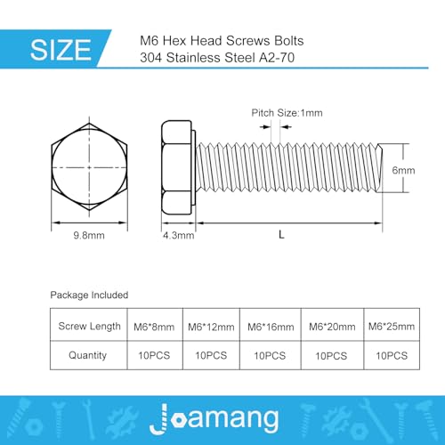 M6 x 8mm 12mm 16mm 20mm 25mm Hex Bolts, Hexagon Head Screws, 304 Stainless Steel(A2-70), Metric Fully Thread, Bright Finish, Assortment Kit 50PCS - size: M6x8-25mm (50PCS)