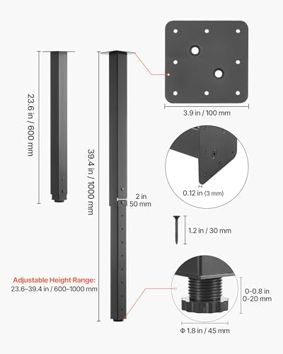 VEVOR Adjustable Table Legs, 24-40 in Square Steel Furniture Legs, 1200 lbs Max Load Heavy Duty, Quick Installation, Ideal for Home Office Desk DIY, Coffee Dinner Bar Tables, Workbenches, 4 PCS, Black - size: 3.9 x 3.9 x (23.6-40) in
