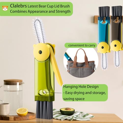 3 in 1 Cup Lid Cleaning Brush - Upgraded Version Cup Lid Brush with Packaging Box, Suitable for All Types of Cups, Bottle Gaps, Portable Travel and Home Kitchen Multifunctional Cleaning Set (3pcs) - color: Blue, Green, Black(little Bear)