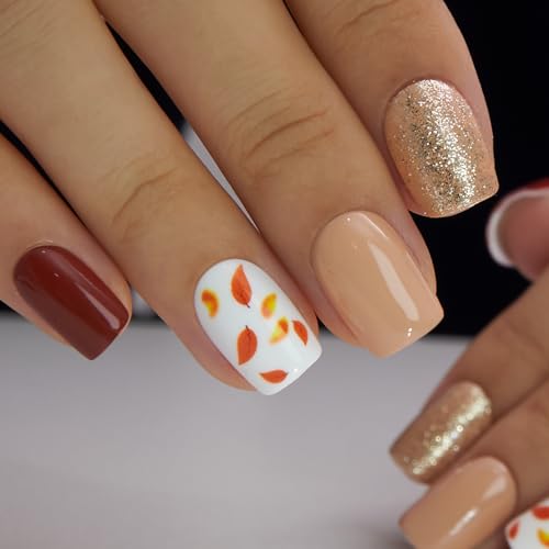 CurvLife Short Square Press On Nails, Autumn-Inspired Brown, Soft Gel - color: Autumn-Inspired Brown Nails with Glitter and Leaf Design
