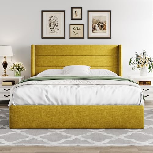 Allewie Full Size Lift Up Hydraulic Storage Bed Frame Olive Yellow - color: Olive Yellow, size: Full, style: Modern
