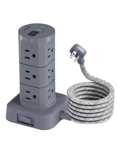 Charging Station Tower, Power Strips with Surge Protection, Flat Plug - color: Gray, size: 6 FT