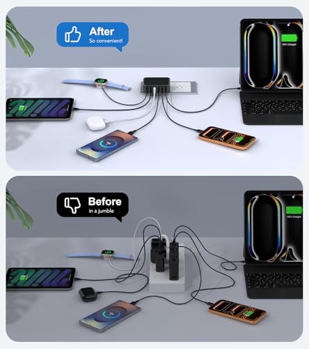 USB C Charger, Flat 100W Max 6-Port Fast Wall Charger Charging Station Hub - color: Black