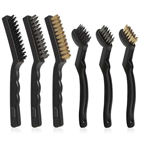 VASTOOLS Wire Brushes Pack of 6. for Cleaning Welding Slag, Rust and Dust. 9" and 6-3/4" Brass, Nylon, Stainless Steel Brushes with Rigid Handle - size: 6.75" 9"