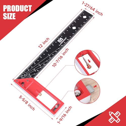 12 Inch Framing Square Carpenter Square, Tri Square Tool, Try Square for Woodworking, T Square Ruler, L Square Ruler, Right Angle Ruler，Framing Tools, Anodized Ruler Body, Red & Black - color: Red&Black