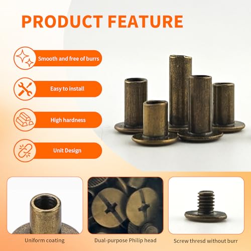 60 Sets Bronze Chicago Binding Screws Assorted Kit Nail Rivet Chicago Button DIY Leather Decoration Bookbinding Round Flat Head Stud Screw (Bronze 3/16" x1/6"-60 Sets) - size: Bronze-3/16"*1/6"-60