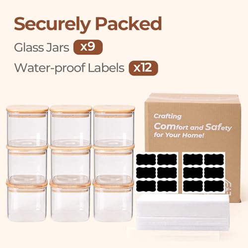 ComSaf Square Glass Containers with Lids 0.7 Qt, Set of 9 Small Glass Jars | Small Kitchen Canisters, Spice Jar, Pantry Organizers, Family Snack Station, Size For Subpackage, BPA Free, Cookie, Dry Food - size: 0.7Qt*9
